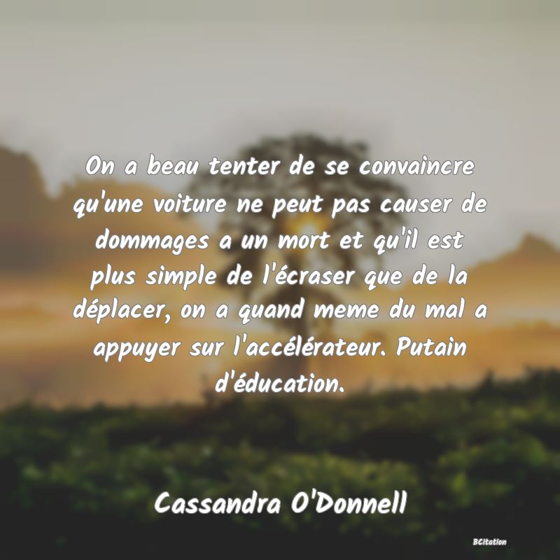 image de citation: On a beau tenter de se convaincre qu'une voiture ne peut pas causer de dommages a un mort et qu'il est plus simple de l'écraser que de la déplacer, on a quand meme du mal a appuyer sur l'accélérateur. Putain d'éducation.