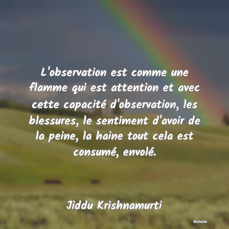 image de citation: L'observation est comme une flamme qui est attention et avec cette capacité d'observation, les blessures, le sentiment d'avoir de la peine, la haine tout cela est consumé, envolé.