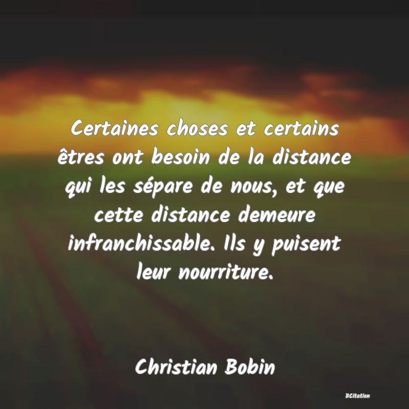 image de citation: Certaines choses et certains êtres ont besoin de la distance qui les sépare de nous, et que cette distance demeure infranchissable. Ils y puisent leur nourriture.