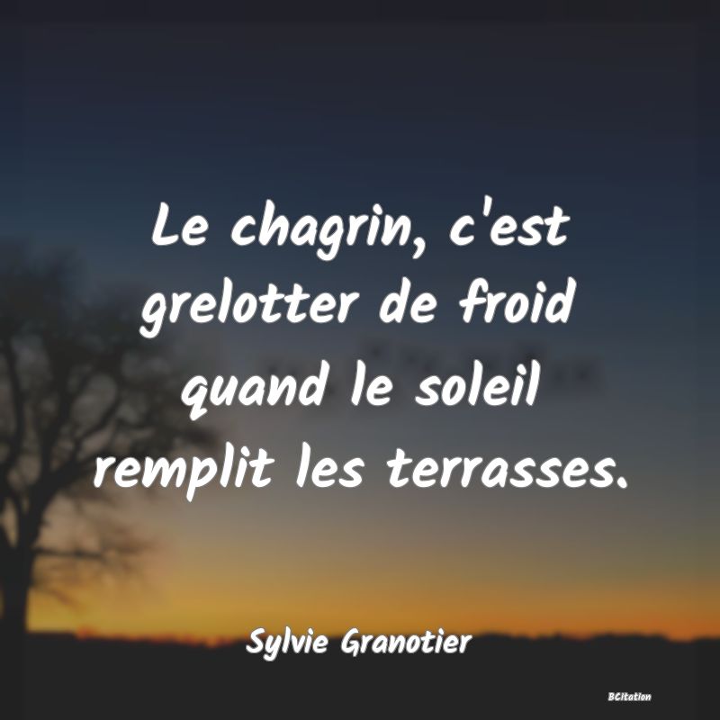 image de citation: Le chagrin, c'est grelotter de froid quand le soleil remplit les terrasses.