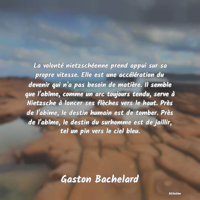 image de citation: La volonté nietzschéenne prend appui sur sa propre vitesse. Elle est une accélération du devenir qui n'a pas besoin de matière. Il semble que l'abîme, comme un arc toujours tendu, serve à Nietzsche à lancer ses flèches vers le haut. Près de l'abîme, le destin humain est de tomber. Près de l'abîme, le destin du surhomme est de jaillir, tel un pin vers le ciel bleu.