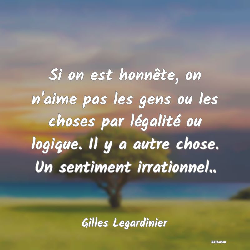 image de citation: Si on est honnête, on n'aime pas les gens ou les choses par légalité ou logique. Il y a autre chose. Un sentiment irrationnel..