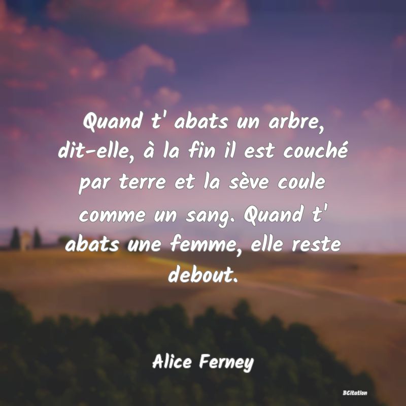 image de citation: Quand t' abats un arbre, dit-elle, à la fin il est couché par terre et la sève coule comme un sang. Quand t' abats une femme, elle reste debout.