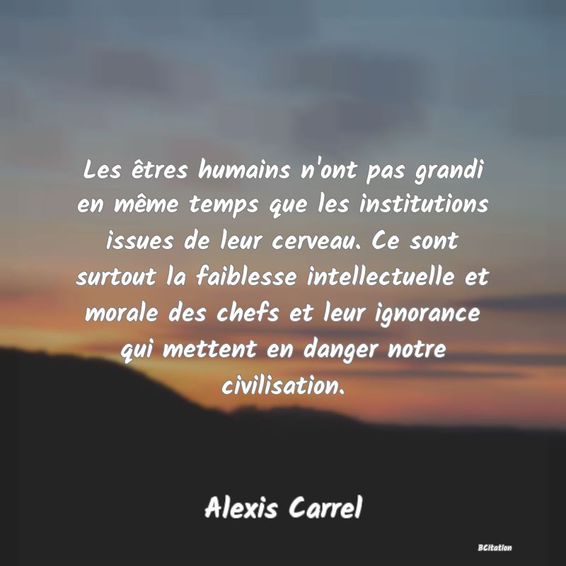 image de citation: Les êtres humains n'ont pas grandi en même temps que les institutions issues de leur cerveau. Ce sont surtout la faiblesse intellectuelle et morale des chefs et leur ignorance qui mettent en danger notre civilisation.