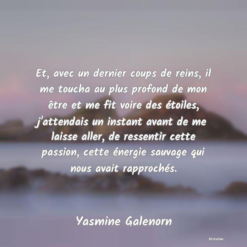 image de citation: Et, avec un dernier coups de reins, il me toucha au plus profond de mon être et me fit voire des étoiles, j'attendais un instant avant de me laisse aller, de ressentir cette passion, cette énergie sauvage qui nous avait rapprochés.