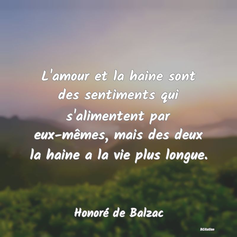 image de citation: L'amour et la haine sont des sentiments qui s'alimentent par eux-mêmes, mais des deux la haine a la vie plus longue.