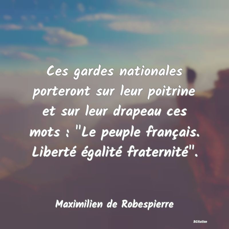 image de citation: Ces gardes nationales porteront sur leur poitrine et sur leur drapeau ces mots :  Le peuple français. Liberté égalité fraternité .
