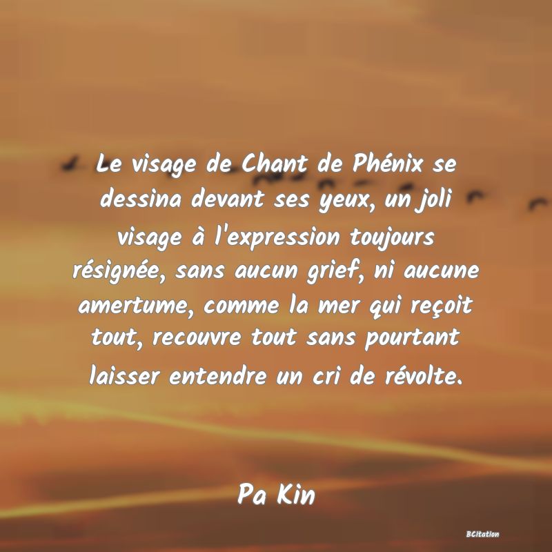 image de citation: Le visage de Chant de Phénix se dessina devant ses yeux, un joli visage à l'expression toujours résignée, sans aucun grief, ni aucune amertume, comme la mer qui reçoit tout, recouvre tout sans pourtant laisser entendre un cri de révolte.