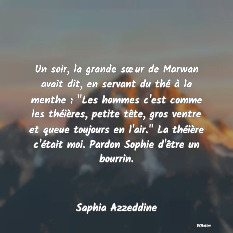 image de citation: Un soir, la grande sœur de Marwan avait dit, en servant du thé à la menthe :  Les hommes c'est comme les théières, petite tête, gros ventre et queue toujours en l'air.  La théière c'était moi. Pardon Sophie d'être un bourrin.