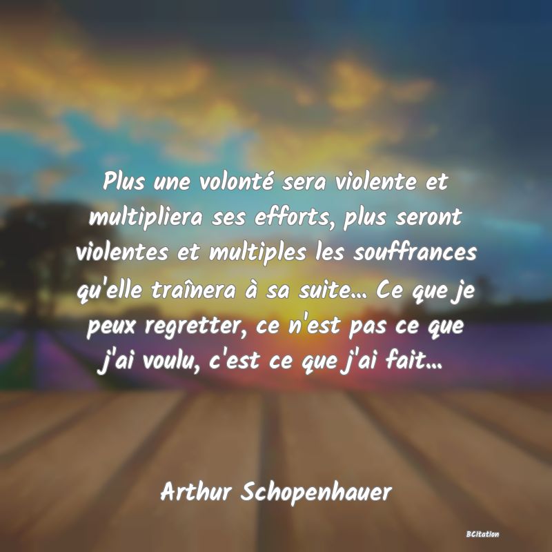 image de citation: Plus une volonté sera violente et multipliera ses efforts, plus seront violentes et multiples les souffrances qu'elle traînera à sa suite... Ce que je peux regretter, ce n'est pas ce que j'ai voulu, c'est ce que j'ai fait...