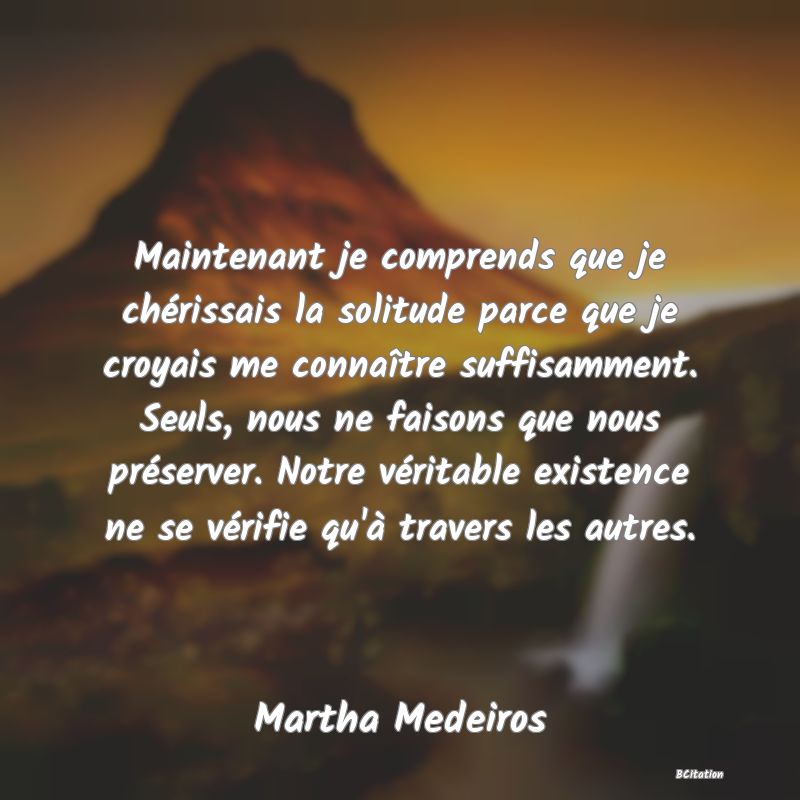 image de citation: Maintenant je comprends que je chérissais la solitude parce que je croyais me connaître suffisamment. Seuls, nous ne faisons que nous préserver. Notre véritable existence ne se vérifie qu'à travers les autres.