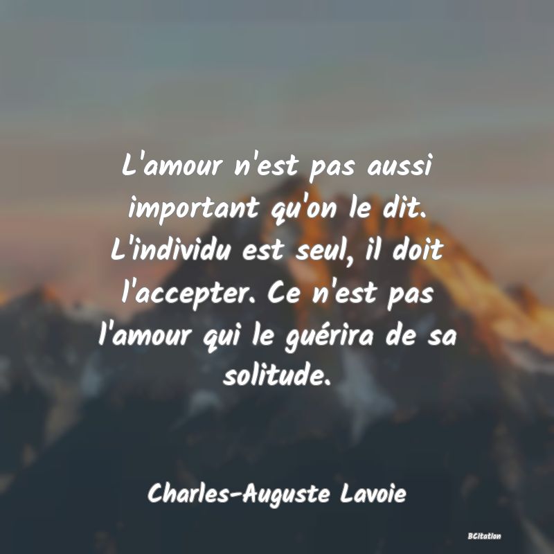 Belle Citation - L'amour n'est pas aussi important qu'on le dit. L'individu est seul, il doit l'accepter. Ce n'est pas l'amour qui le guérira de sa solitude. - Charles-Auguste Lavoie