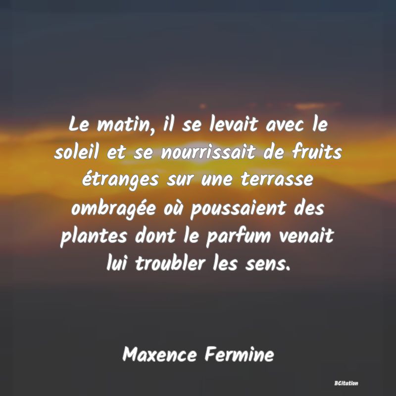 image de citation: Le matin, il se levait avec le soleil et se nourrissait de fruits étranges sur une terrasse ombragée où poussaient des plantes dont le parfum venait lui troubler les sens.