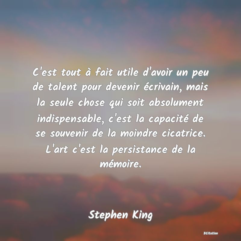 image de citation: C'est tout à fait utile d'avoir un peu de talent pour devenir écrivain, mais la seule chose qui soit absolument indispensable, c'est la capacité de se souvenir de la moindre cicatrice. L'art c'est la persistance de la mémoire.