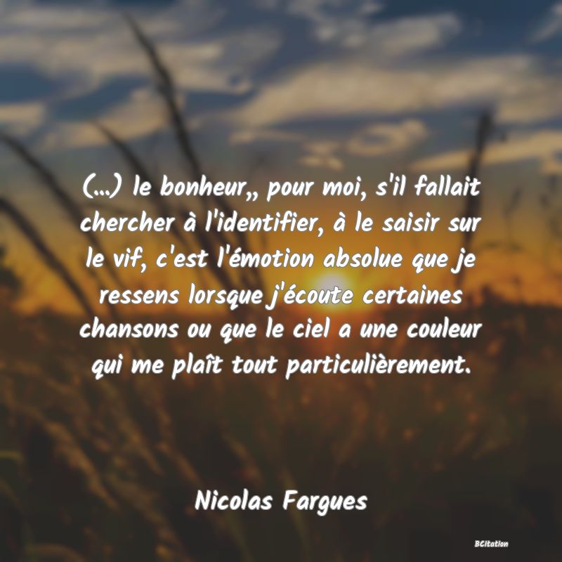 Belle Citation - (...) le bonheur,, pour moi, s'il fallait chercher à l'identifier, à le saisir sur le vif, c'est l'émotion absolue que je ressens lorsque j'écoute certaines chansons ou que le ciel a une couleur qui me plaît tout particulièrement. - Nicolas Fargues