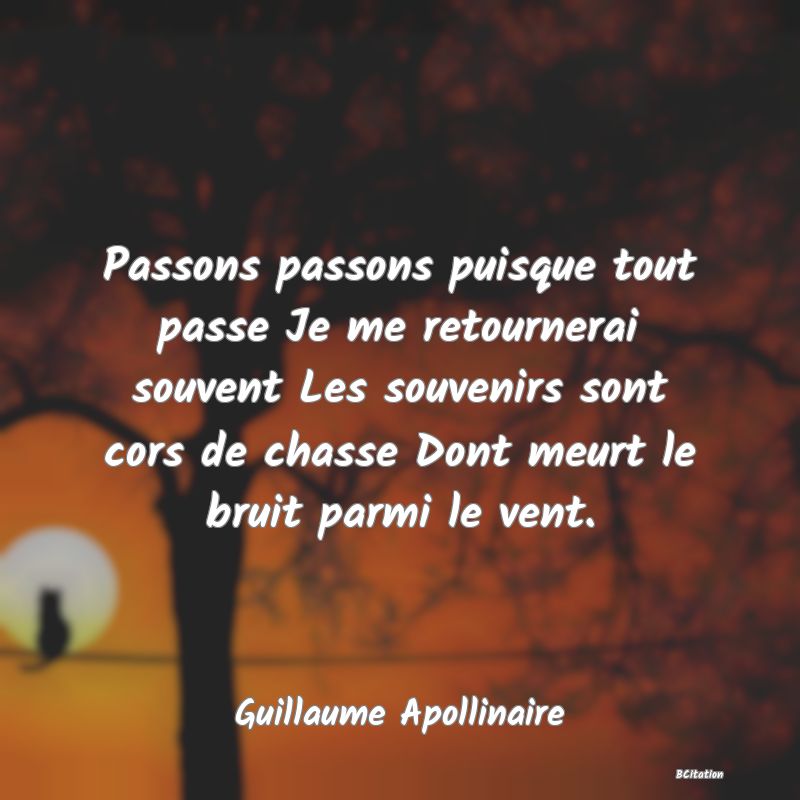 image de citation: Passons passons puisque tout passe Je me retournerai souvent Les souvenirs sont cors de chasse Dont meurt le bruit parmi le vent.