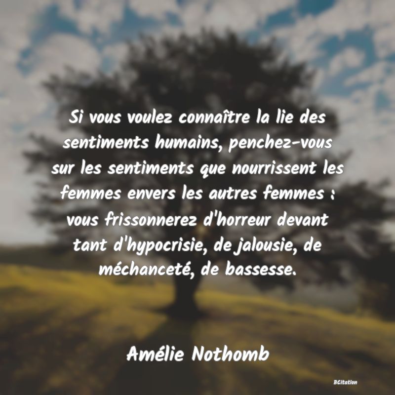 image de citation: Si vous voulez connaître la lie des sentiments humains, penchez-vous sur les sentiments que nourrissent les femmes envers les autres femmes : vous frissonnerez d'horreur devant tant d'hypocrisie, de jalousie, de méchanceté, de bassesse.