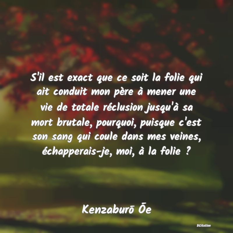 image de citation: S'il est exact que ce soit la folie qui ait conduit mon père à mener une vie de totale réclusion jusqu'à sa mort brutale, pourquoi, puisque c'est son sang qui coule dans mes veines, échapperais-je, moi, à la folie ?