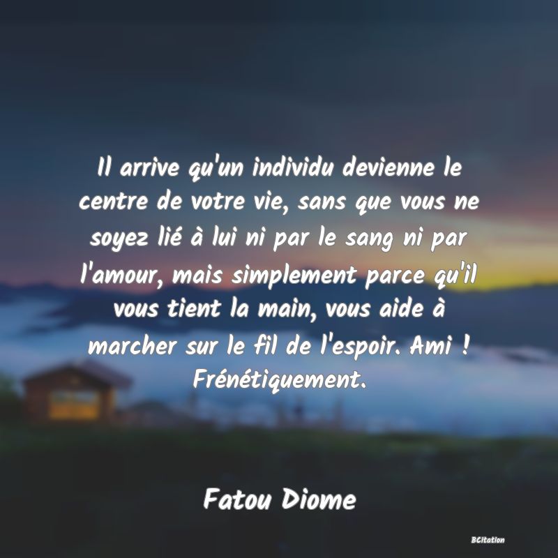 image de citation: Il arrive qu'un individu devienne le centre de votre vie, sans que vous ne soyez lié à lui ni par le sang ni par l'amour, mais simplement parce qu'il vous tient la main, vous aide à marcher sur le fil de l'espoir. Ami ! Frénétiquement.