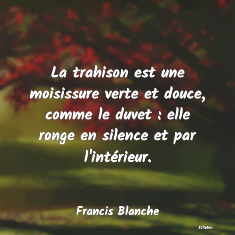 image de citation: La trahison est une moisissure verte et douce, comme le duvet : elle ronge en silence et par l'intérieur.