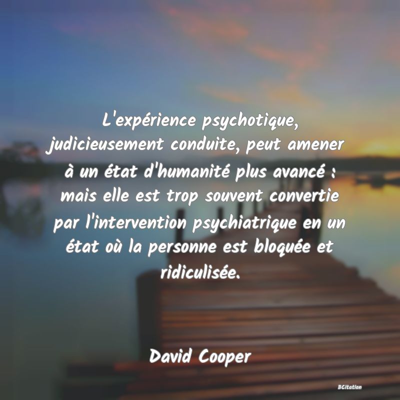 image de citation: L'expérience psychotique, judicieusement conduite, peut amener à un état d'humanité plus avancé : mais elle est trop souvent convertie par l'intervention psychiatrique en un état où la personne est bloquée et ridiculisée.