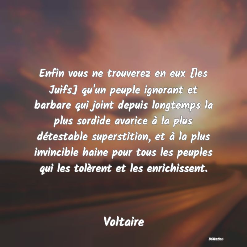 image de citation: Enfin vous ne trouverez en eux [les Juifs] qu'un peuple ignorant et barbare qui joint depuis longtemps la plus sordide avarice à la plus détestable superstition, et à la plus invincible haine pour tous les peuples qui les tolèrent et les enrichissent.