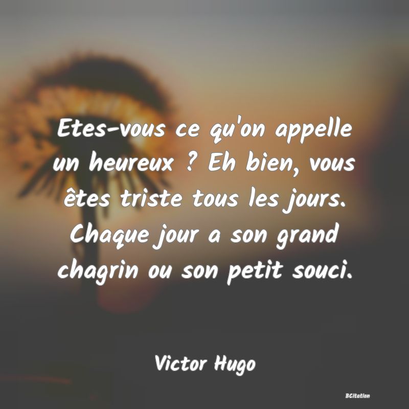 image de citation: Etes-vous ce qu'on appelle un heureux ? Eh bien, vous êtes triste tous les jours. Chaque jour a son grand chagrin ou son petit souci.