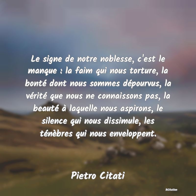 image de citation: Le signe de notre noblesse, c'est le manque : la faim qui nous torture, la bonté dont nous sommes dépourvus, la vérité que nous ne connaissons pas, la beauté à laquelle nous aspirons, le silence qui nous dissimule, les ténèbres qui nous enveloppent.