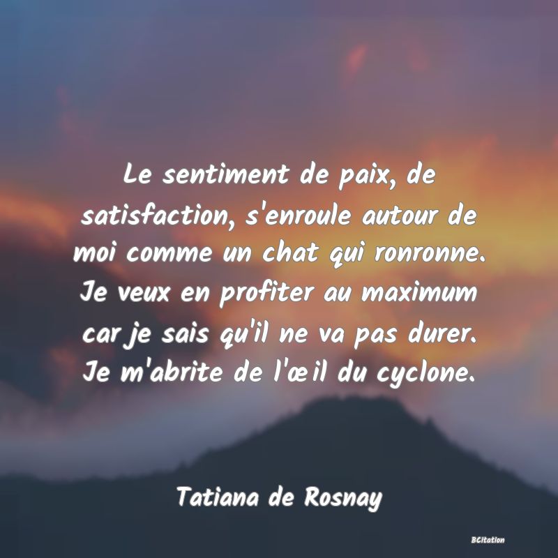 image de citation: Le sentiment de paix, de satisfaction, s'enroule autour de moi comme un chat qui ronronne. Je veux en profiter au maximum car je sais qu'il ne va pas durer. Je m'abrite de l'œil du cyclone.