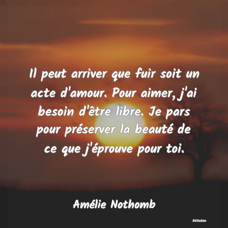 Belle Citation - Il peut arriver que fuir soit un acte d'amour. Pour aimer, j'ai besoin d'être libre. Je pars pour préserver la beauté de ce que j'éprouve pour toi. - Amélie Nothomb