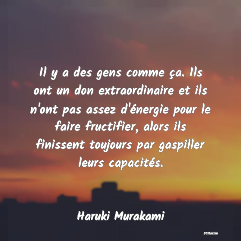 image de citation: Il y a des gens comme ça. Ils ont un don extraordinaire et ils n'ont pas assez d'énergie pour le faire fructifier, alors ils finissent toujours par gaspiller leurs capacités.