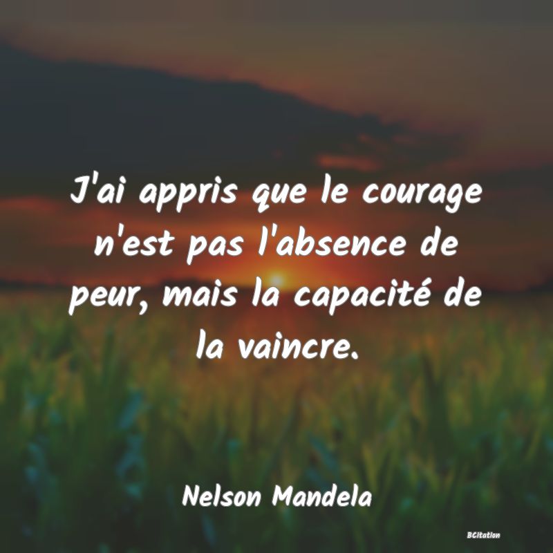 image de citation: J'ai appris que le courage n'est pas l'absence de peur, mais la capacité de la vaincre.