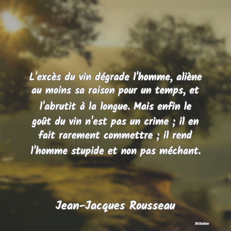 image de citation: L'excès du vin dégrade l'homme, aliène au moins sa raison pour un temps, et l'abrutit à la longue. Mais enfin le goût du vin n'est pas un crime ; il en fait rarement commettre ; il rend l'homme stupide et non pas méchant.