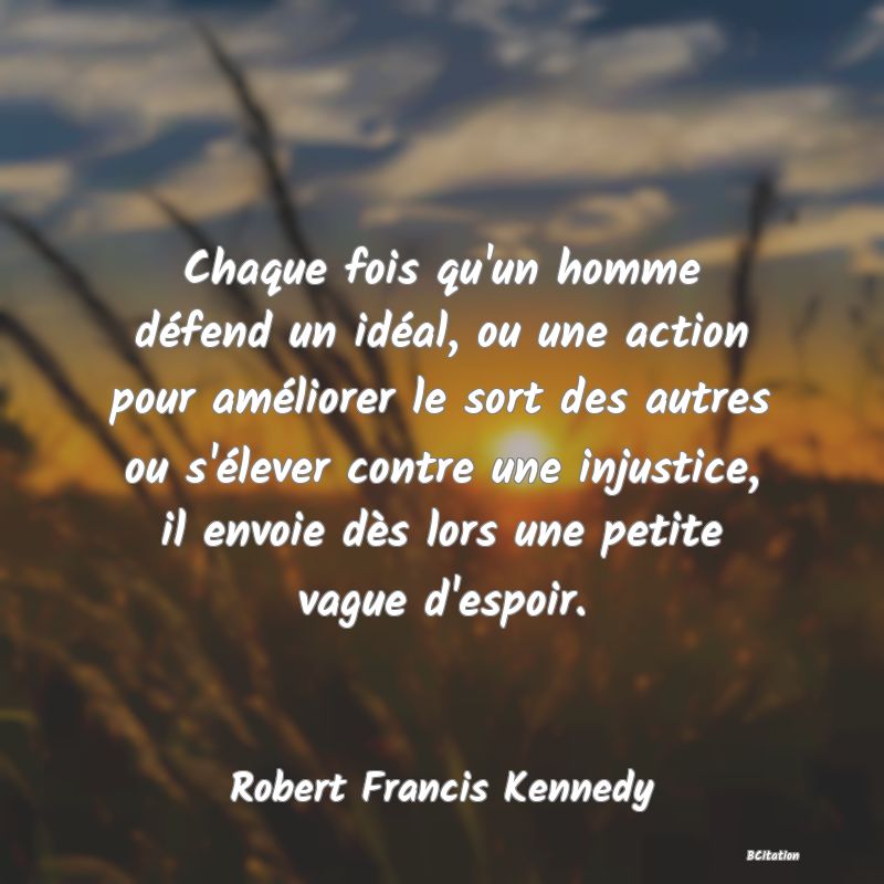 Belle Citation - Chaque fois qu'un homme défend un idéal, ou une action pour améliorer le sort des autres ou s'élever contre une injustice, il envoie dès lors une petite vague d'espoir. - Robert Francis Kennedy