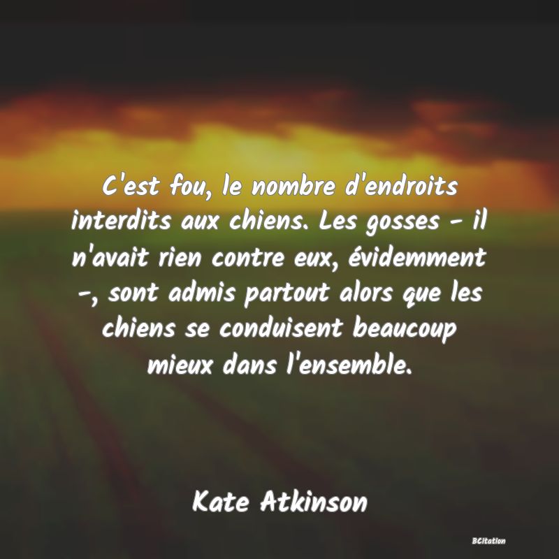 image de citation: C'est fou, le nombre d'endroits interdits aux chiens. Les gosses - il n'avait rien contre eux, évidemment -, sont admis partout alors que les chiens se conduisent beaucoup mieux dans l'ensemble.