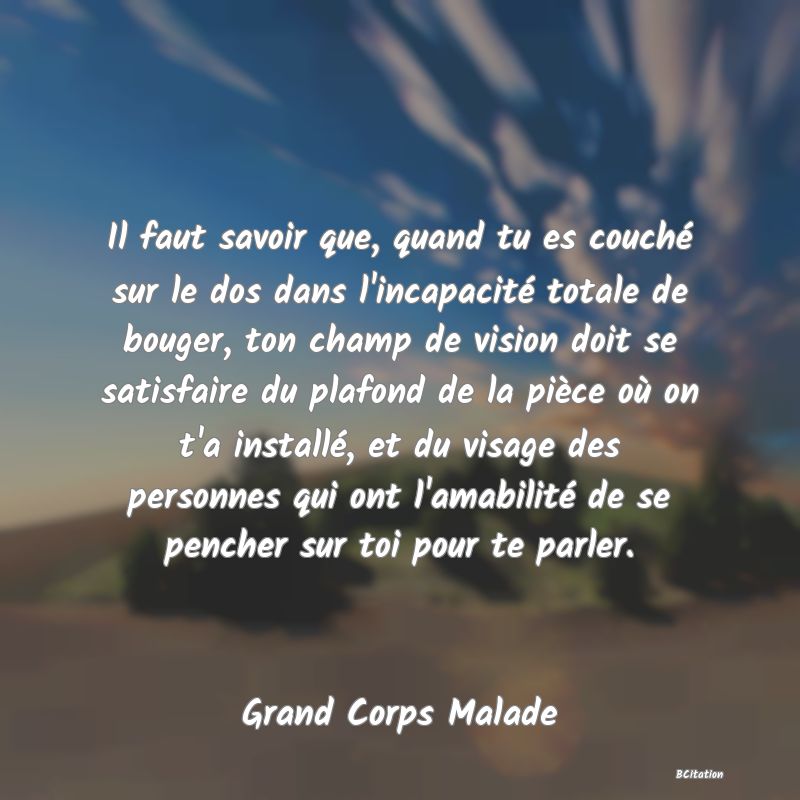 image de citation: Il faut savoir que, quand tu es couché sur le dos dans l'incapacité totale de bouger, ton champ de vision doit se satisfaire du plafond de la pièce où on t'a installé, et du visage des personnes qui ont l'amabilité de se pencher sur toi pour te parler.