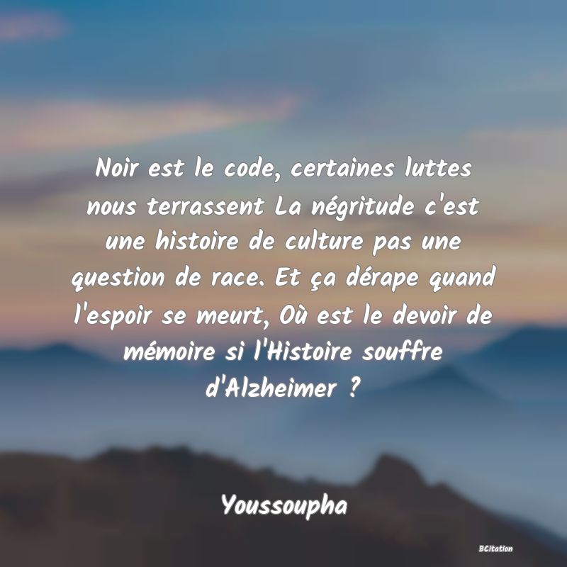 image de citation: Noir est le code, certaines luttes nous terrassent La négritude c'est une histoire de culture pas une question de race. Et ça dérape quand l'espoir se meurt, Où est le devoir de mémoire si l'Histoire souffre d'Alzheimer ?