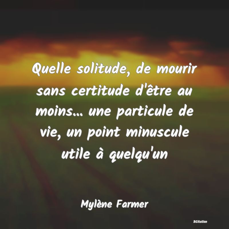 image de citation: Quelle solitude, de mourir sans certitude d'être au moins... une particule de vie, un point minuscule utile à quelqu'un