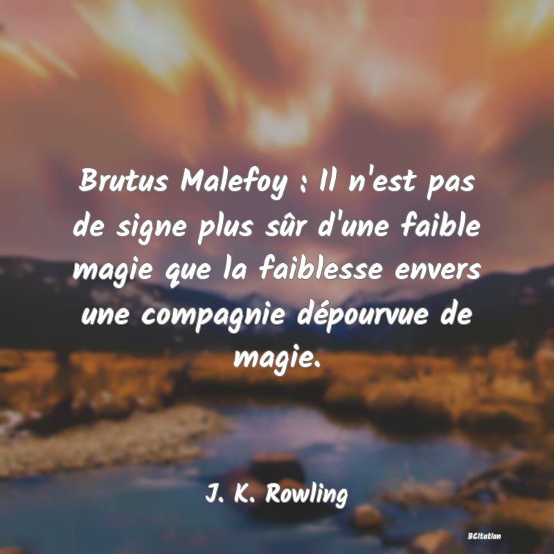 image de citation: Brutus Malefoy : Il n'est pas de signe plus sûr d'une faible magie que la faiblesse envers une compagnie dépourvue de magie.