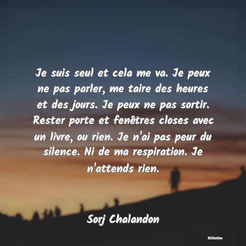 image de citation: Je suis seul et cela me va. Je peux ne pas parler, me taire des heures et des jours. Je peux ne pas sortir. Rester porte et fenêtres closes avec un livre, ou rien. Je n'ai pas peur du silence. Ni de ma respiration. Je n'attends rien.