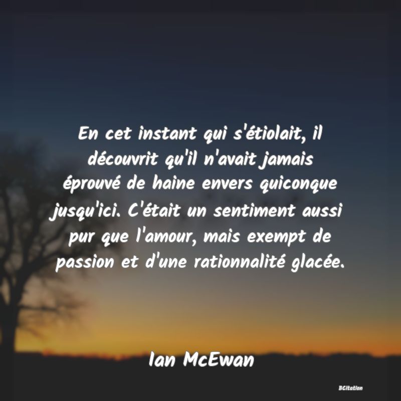 image de citation: En cet instant qui s'étiolait, il découvrit qu'il n'avait jamais éprouvé de haine envers quiconque jusqu'ici. C'était un sentiment aussi pur que l'amour, mais exempt de passion et d'une rationnalité glacée.