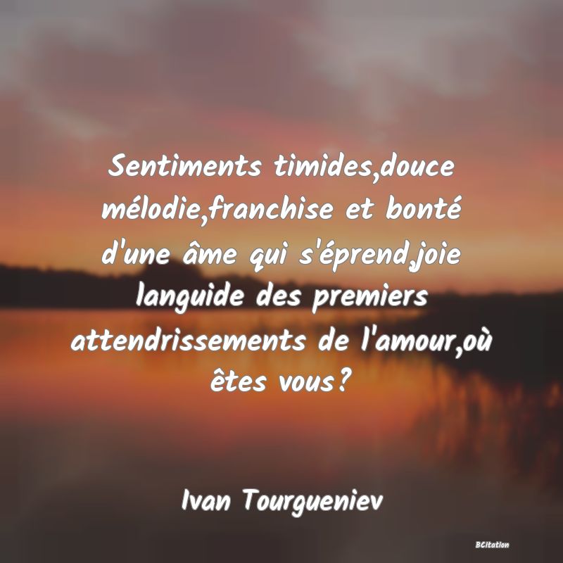 image de citation: Sentiments timides,douce mélodie,franchise et bonté d'une âme qui s'éprend,joie languide des premiers attendrissements de l'amour,où êtes vous?