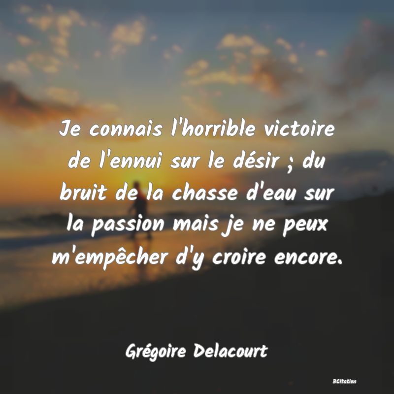 image de citation: Je connais l'horrible victoire de l'ennui sur le désir ; du bruit de la chasse d'eau sur la passion mais je ne peux m'empêcher d'y croire encore.