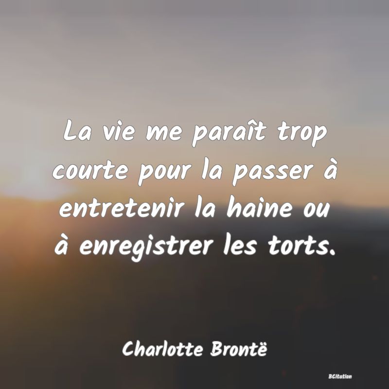 image de citation: La vie me paraît trop courte pour la passer à entretenir la haine ou à enregistrer les torts.