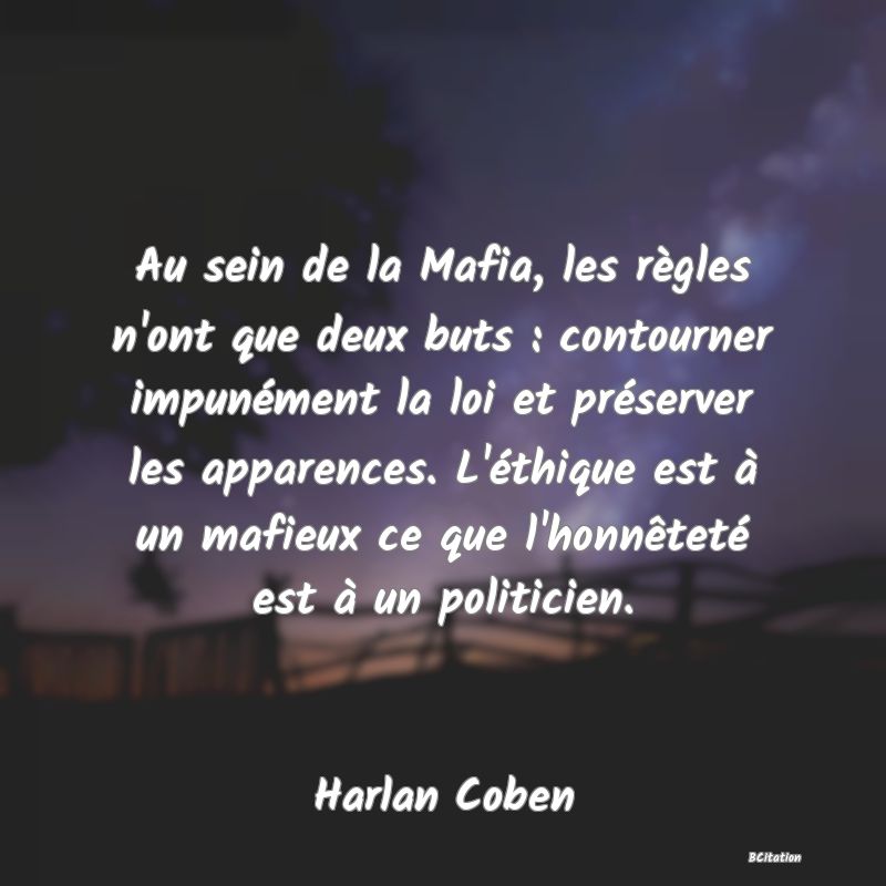 image de citation: Au sein de la Mafia, les règles n'ont que deux buts : contourner impunément la loi et préserver les apparences. L'éthique est à un mafieux ce que l'honnêteté est à un politicien.