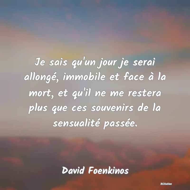 Belle Citation - Je sais qu'un jour je serai allongé, immobile et face à la mort, et qu'il ne me restera plus que ces souvenirs de la sensualité passée. - David Foenkinos
