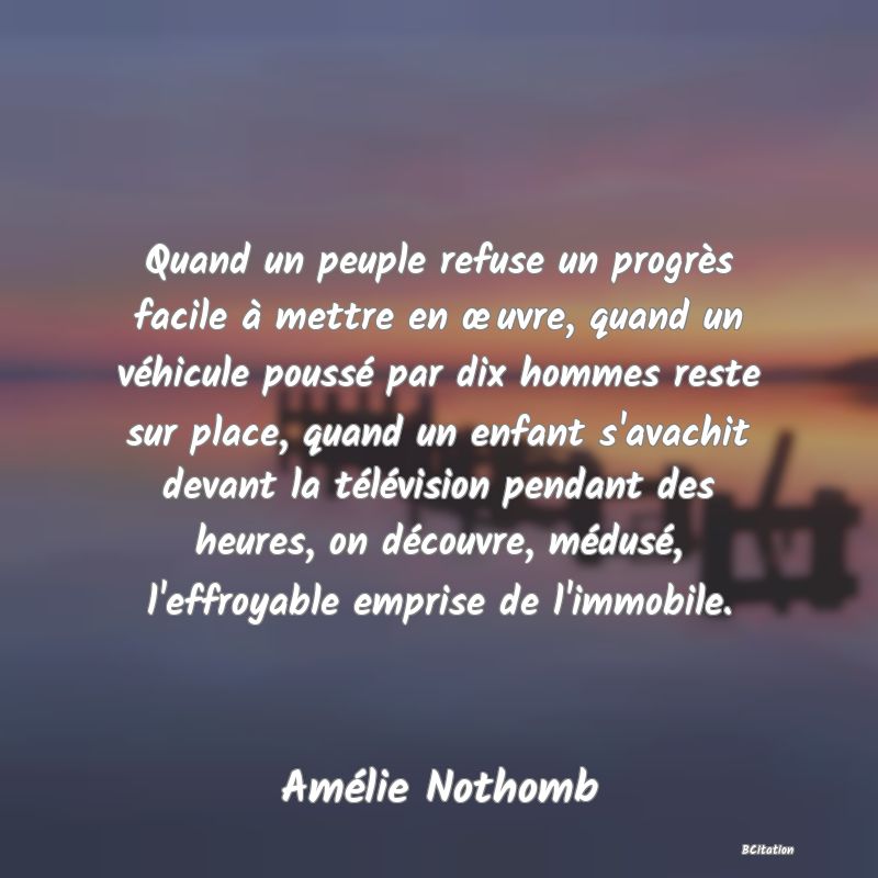 Belle Citation - Quand un peuple refuse un progrès facile à mettre en œuvre, quand un véhicule poussé par dix hommes reste sur place, quand un enfant s'avachit devant la télévision pendant des heures, on découvre, médusé, l'effroyable emprise de l'immobile. - Amélie Nothomb