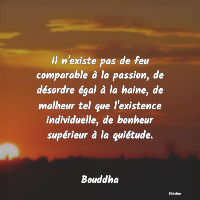 image de citation: Il n'existe pas de feu comparable à la passion, de désordre égal à la haine, de malheur tel que l'existence individuelle, de bonheur supérieur à la quiétude.