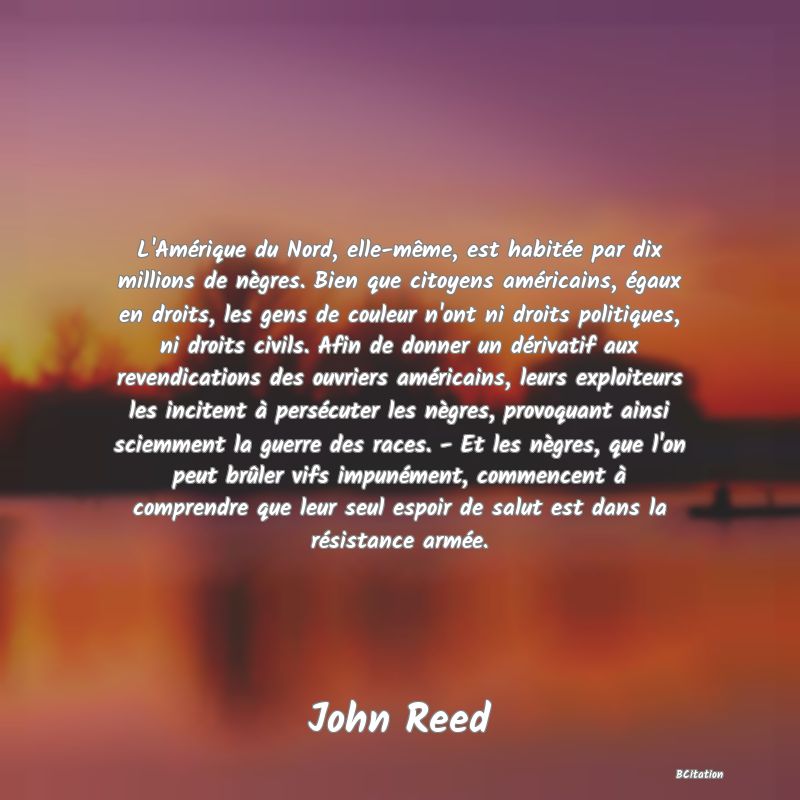 image de citation: L'Amérique du Nord, elle-même, est habitée par dix millions de nègres. Bien que citoyens américains, égaux en droits, les gens de couleur n'ont ni droits politiques, ni droits civils. Afin de donner un dérivatif aux revendications des ouvriers américains, leurs exploiteurs les incitent à persécuter les nègres, provoquant ainsi sciemment la guerre des races. - Et les nègres, que l'on peut brûler vifs impunément, commencent à comprendre que leur seul espoir de salut est dans la résistance armée.