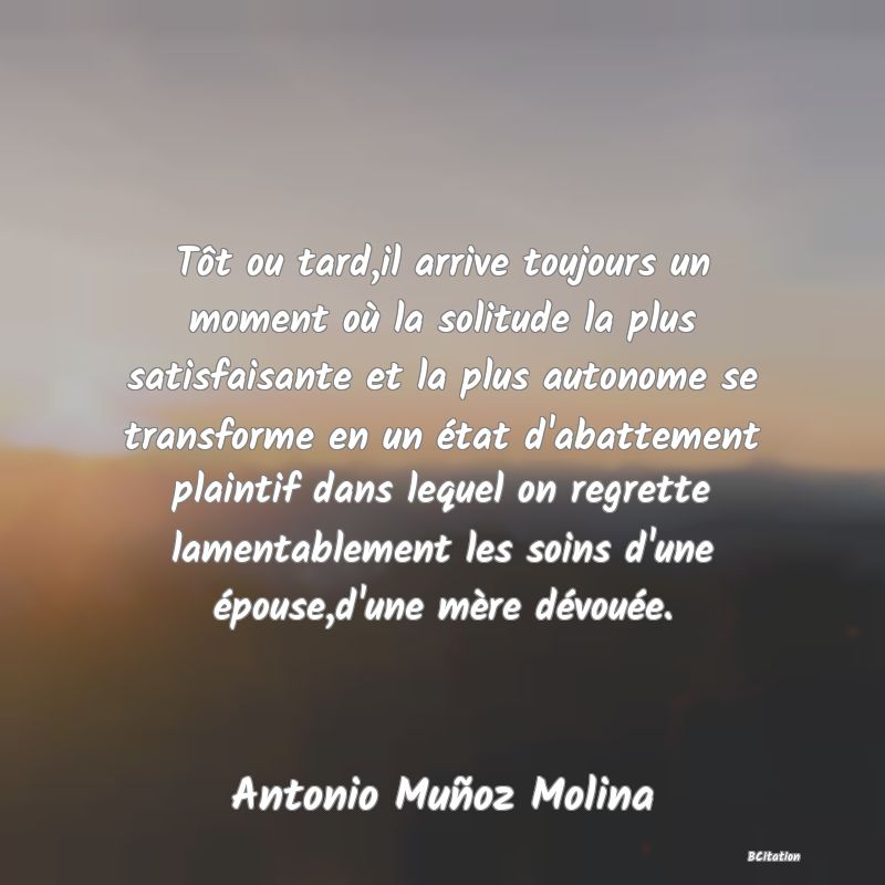 image de citation: Tôt ou tard,il arrive toujours un moment où la solitude la plus satisfaisante et la plus autonome se transforme en un état d'abattement plaintif dans lequel on regrette lamentablement les soins d'une épouse,d'une mère dévouée.